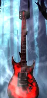 A red electric guitar stands in a mystical forest, glowing with fiery intensity.