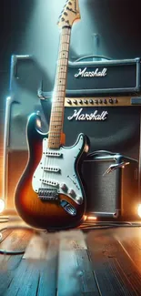 Electric guitar with vintage Marshall amps and stage lighting.