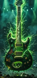 Neon-lit electric guitar on stage with energetic sparks.