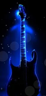 Electric guitar with neon blue glow and dark background.
