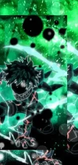 Anime hero with electric powers in a vibrant green scene.