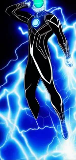 Neon superhero electrified with blue lightning in a dynamic pose.