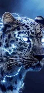 Electric leopard with blue lightning and glowing eyes wallpaper.