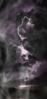 Electric lightning storm with dark clouds and vibrant purple hues.