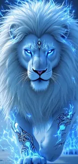 Electric lion with blue glow in fantasy art wallpaper.