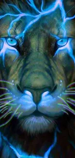 Electric blue lion face with lightning accents.