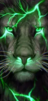 Electric green lion face with glowing eyes and dark background.