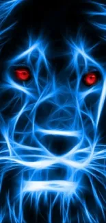 Electric neon lion face with glowing blue lines.