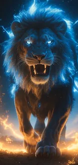 Majestic lion with electric blue mane and fiery background in vivid detail.