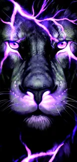 Electric lion with purple lightning effect in digital art wallpaper.