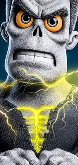 Cartoon monster with electric energy bursts and intense expression
