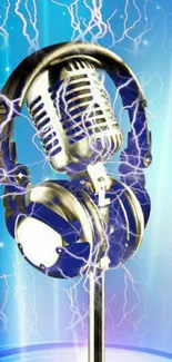 Electric blue microphone and headphones art wallpaper.