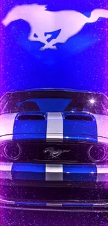 Electric blue Mustang with neon purple on a mobile wallpaper.