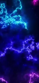 Neon electric clouds with blue and pink lightning over a dark background.