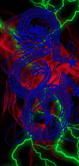 Vibrant neon dragon on an electric background with green and red hues.