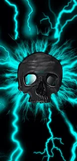 Neon skull with electric blue lightning on black background.