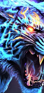 Electrifying neon tiger roaring with vibrant, colorful energy.