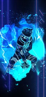 Electric blue ninja silhouette wallpaper with glowing lines.