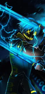 Electric ninja with neon blue swords and lightning on wallpaper.