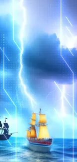 Vivid ocean scene with ships and lightning under a futuristic sky.