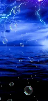 Blue ocean wallpaper with lightning and rain bubbles at night.