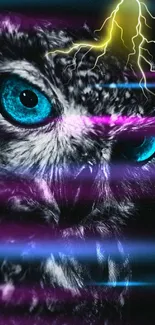 Electric neon owl with blue eyes and lightning effects in a dark theme wallpaper.