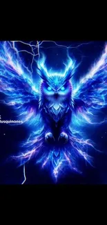 Neon blue electric owl with glowing wings and lightning effects.