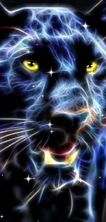 Electric panther with neon blue design on black background.