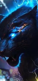 A fierce black panther with glowing blue eyes and electric accents.