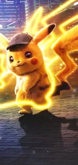 Cute Pikachu with lightning in city background.