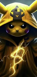 Pikachu in a yellow hood with electric energy charge.