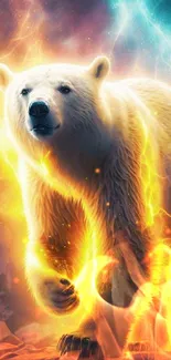 Electric polar bear with glowing lights on mountain backdrop.