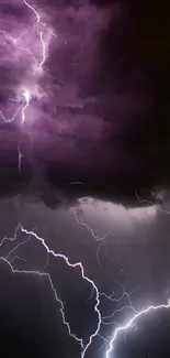 Striking mobile wallpaper with purple lightning and storm clouds.
