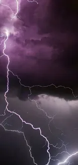 Dynamic purple lightning bolts in stormy clouds as mobile wallpaper.