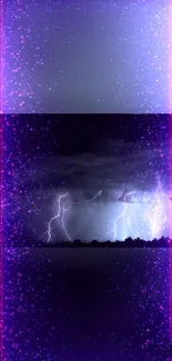 Purple lightning strikes against a dark sky with sparkling highlights.