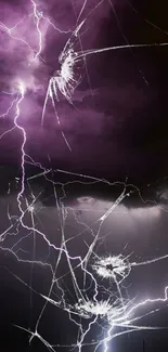 Electric purple lightning splits the dark, stormy night sky.