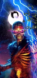 Electric skeleton with glowing eyes and lightning in a fantasy night scene.