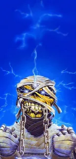 Skeleton wrapped in chains with blue lightning background.