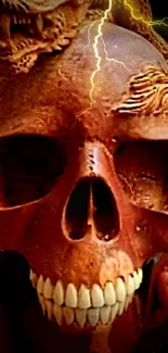 Brown skull with lightning effects on artistic wallpaper.