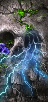 Artistic skull wallpaper with lightning, flowers, and stone texture.