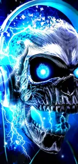 Electric skull with blue lightning and headphones on a phone wallpaper.