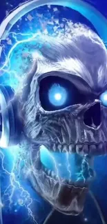 Electric skull with headphones in vibrant blue hues, perfect for mobile wallpaper.