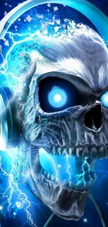 Electric skull with headphones, blue lightning effect.