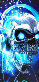 Neon blue skull with headphones in electric lighting.