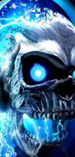 Glowing electric skull with headphones and blue lightning effect.