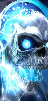 Electrifying skull with headphones in vibrant blue design.