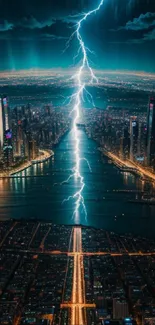 Electrifying city skyline at night with lightning.