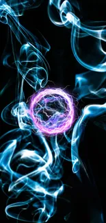 Blue and purple electric smoke design on a dark background.