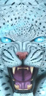 Electric snow leopard with glowing blue eyes and fierce expression.