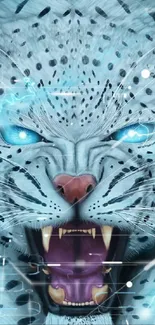 Electric snow leopard with bright blue eyes and lightning effects.